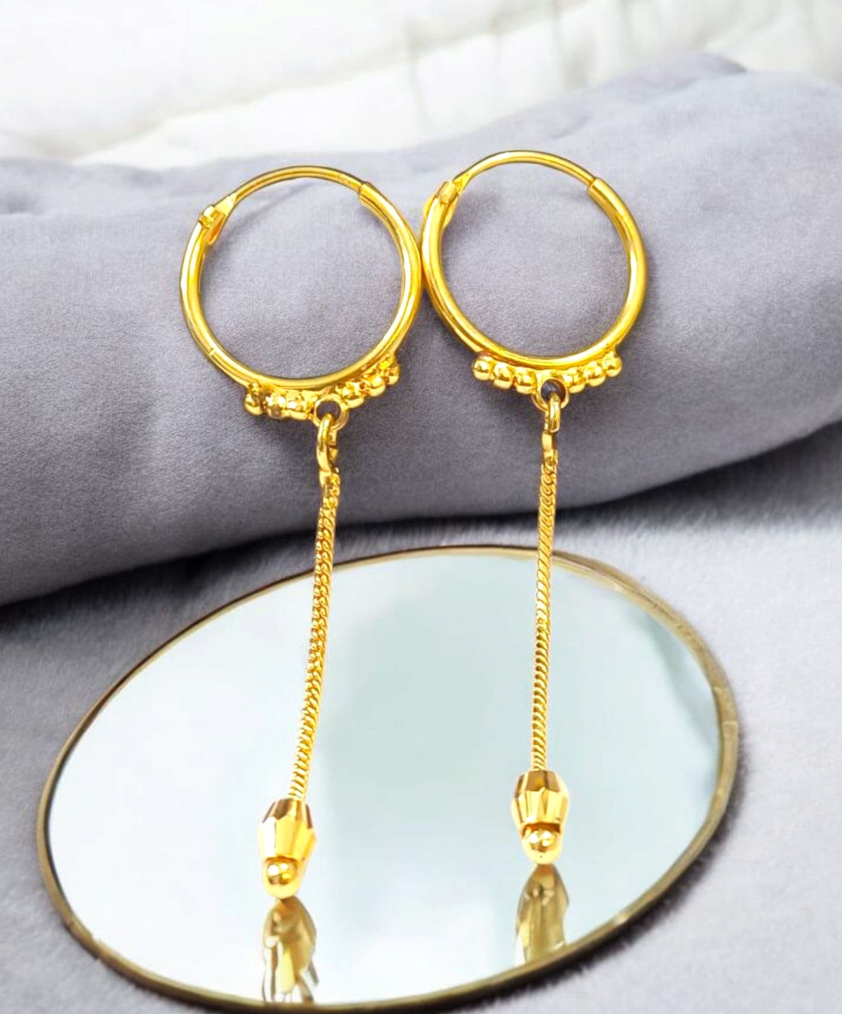 Antique Gold-Plated Hoop with Hanging Chain Earrings