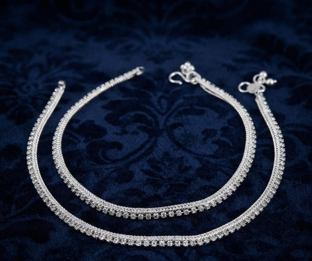 Silver Plated Sparkling Stone Studded Designer Payal / Anklets Pair for Women