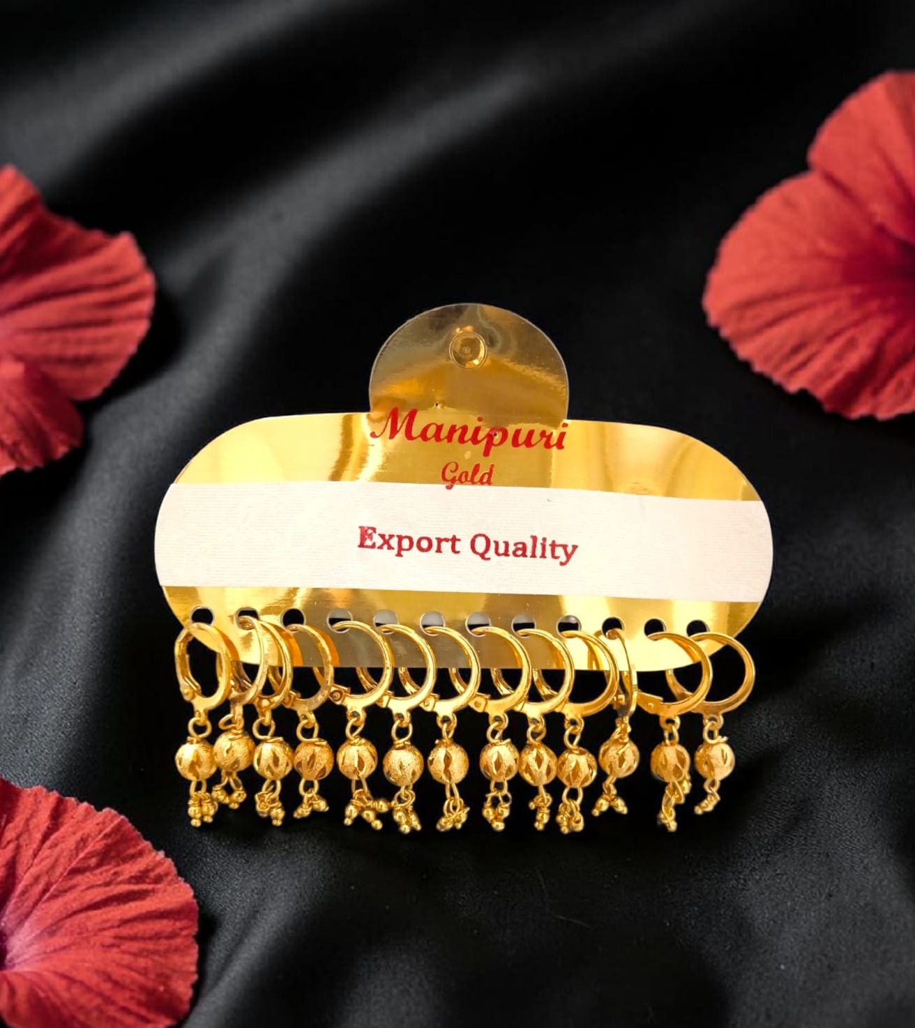 Manipuri Gold Export Quality Small Hoop & Beaded Drop Earrings Set (Pack of 6)