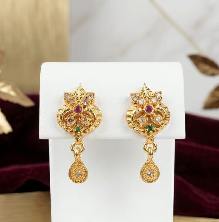 Traditional Gold-Plated Ruby & Emerald Stud Earrings